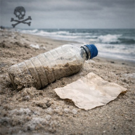 A bottle on a sandy shore