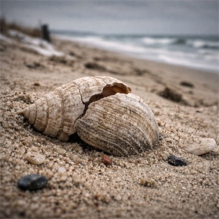 Worn conch shell on sandy beach