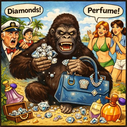 Gorilla with jewels on a tropical island