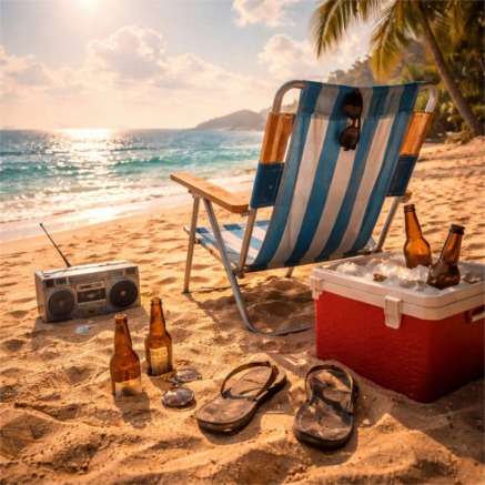 Beach chair and cooler at midday