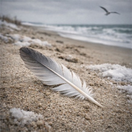 Seagull feather on winter beach
