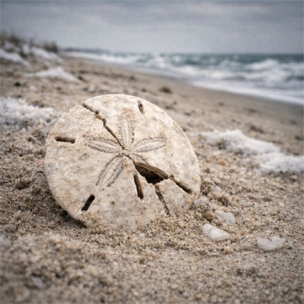 Cracked sand dollar on a cold beach