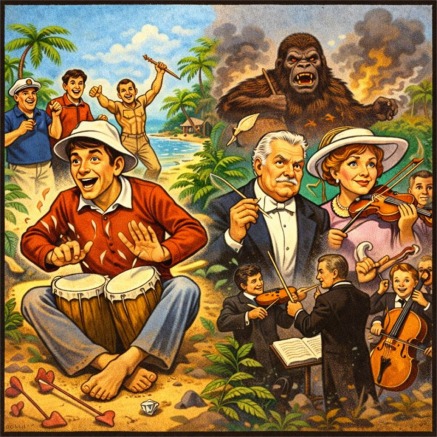 Island music showdown with gorilla