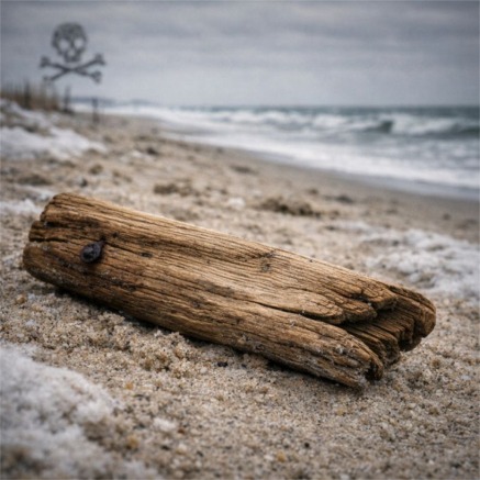 Weathered driftwood on a coastal shore