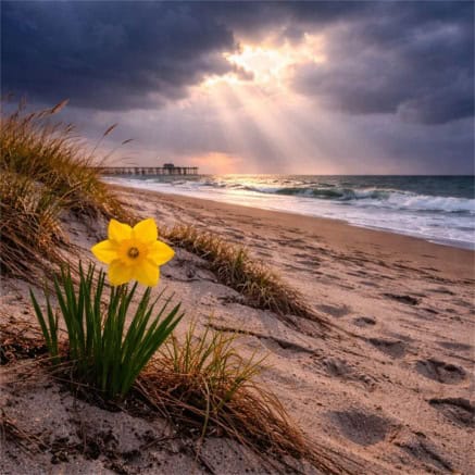 Daffodil by the stormy beach