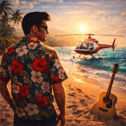 Elvis on a Hawaiian beach at sunset