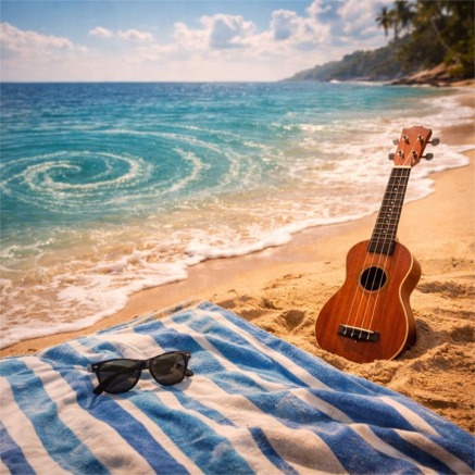 Beach vibes with ukulele and shades