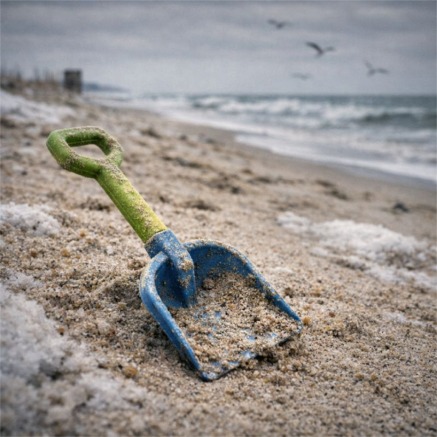 Abandoned shovel on a winter beach