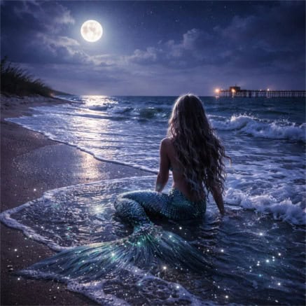 Moonlit mermaid by the shore