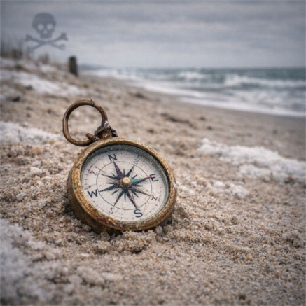 Forgotten compass on a cloudy beach