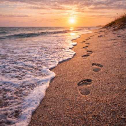 Footprints at sunrise on the shore