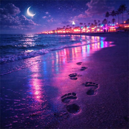 Moonlit beach with neon reflections