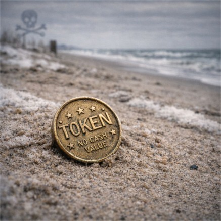 Weathered arcade token on damp beach