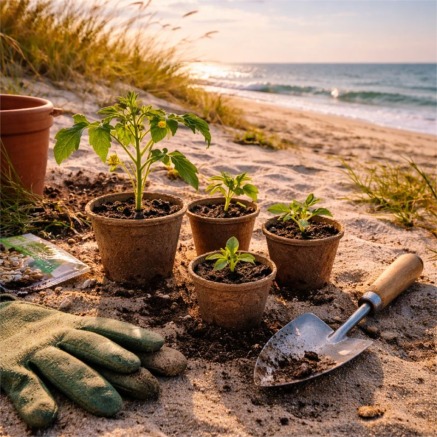 Seaside garden with seedlings at sunset