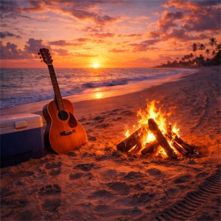 Sunset beach vibes with guitar and fire