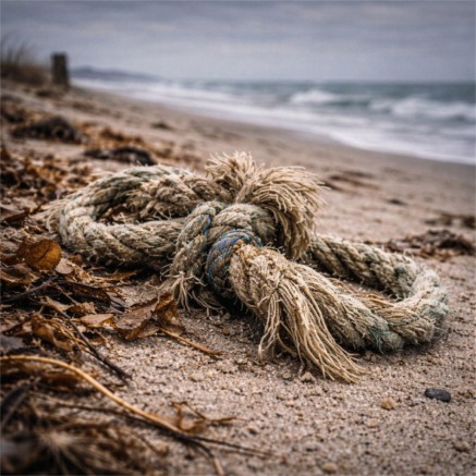 Frayed rope on sunlit beach sand