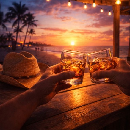 Whiskey glasses at sunset by the beach