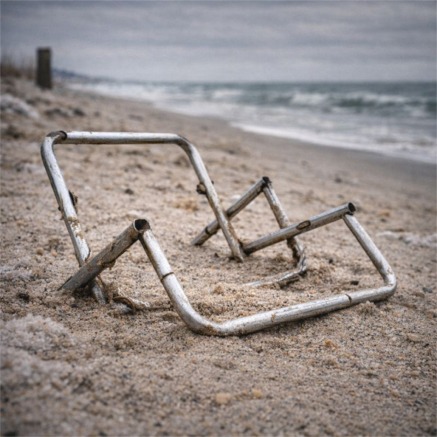 Forgotten beach chair on a windswept shore