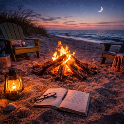 Twilight beach campfire retreat