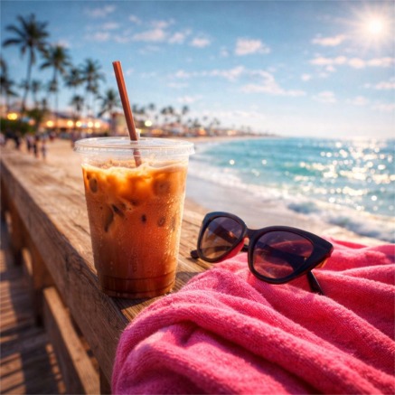 Sunny beachside espresso and sunglasses