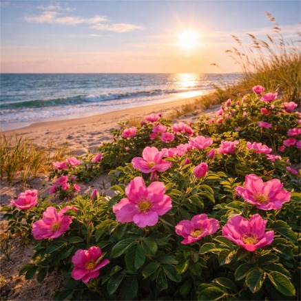 Coastal roses and sunlit waves
