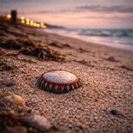 Twilight beach with bottle cap