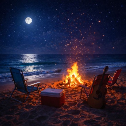 Moonlit beach bonfire with guitar